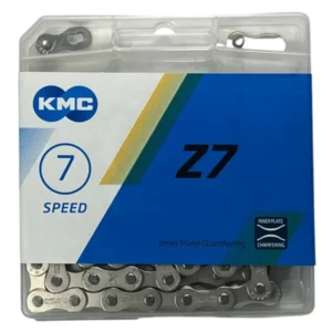Велосипедний ланцюг KMC Z7 7 швидкостей хром 114 ланок на білому тлі